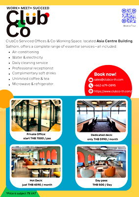 Office for rent Sathon : ClubCo - Serviced Offices and Co-working space at Sathorn area