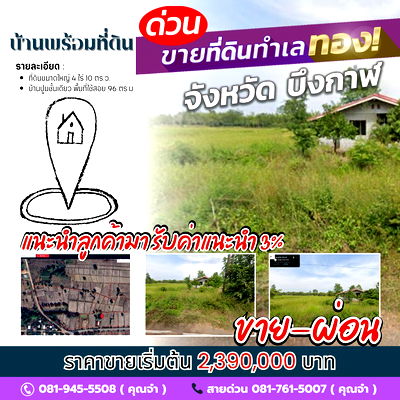 Land for sale Seka Bueng Kan : Located on a paved road, easily accessible, and in a good location, suitable for residential or agricultural purposes.