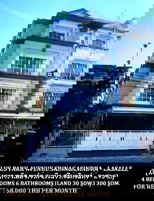 Townhouses for rent วิทยาลัยเซาธ์อีสท์บางกอก : FOR RENT PLUS PARK AVENUE SRINAGARINDRA - LASALLE / 4 bedrooms 6 bathrooms / 30 Sqw. 300 Sqm. **58,000** CLOSE TO BANGKOK PATTANA SCHOOL