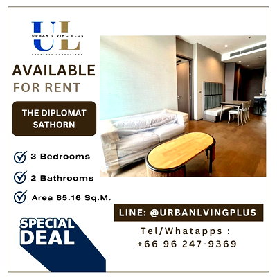 Condos for rent Assumption Convent Silom School : ( UL2507023 ) Tel/Line 096-2479369 , FOR RENT The Diplomat Sathorn , 3 bedrooms, 2 bathrooms, Size 86 Sq.M. furnished, Never rented, Special Deal!!