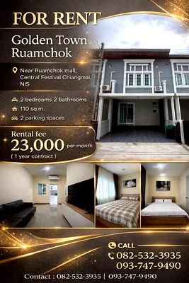 Townhouses for rent Thepanya Hospital : For rent Golden town Ruamchok 082-532-3935