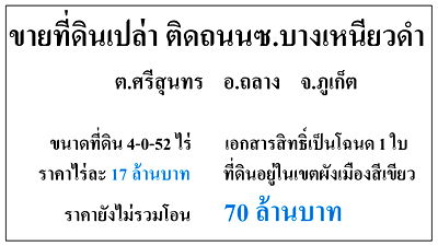 ที่ดิน ถนนศรีสุนทร ภูเก็ต  : ขายที่ดินเปล่า 4-0-52 ไร่ ซ.บางเหนียวดำ โฉนด 1 ใบ  ผังสีเขียว