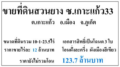 ที่ดิน โบ๊ท ลากูน ภูเก็ต : ขายที่ดินเปล่า 10-1-23.5ไร่ ซ.เกาะแก้ว33 ผังเขียว โฉนด 3 ใบ 