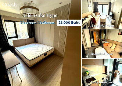 Condos for rent Phraram 9 Hospital : Life Asoke Hype | Price 23,000 THB | Beautiful room, great location, fully furnished, ready to move in.
