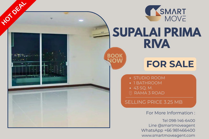 Condos for sale : 🔥 For Sale !!🔥 Code C20230800331....Supalai Prima Riva, Studio room, 1 bathroom, high floor 25++, South Facing, Partly Furnished, Special Deal!!📣📣