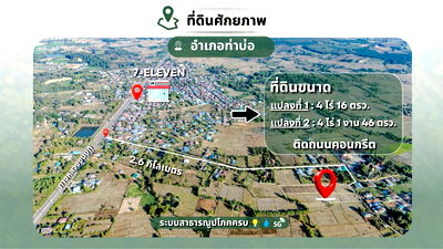 ที่ดิน หนองคาย : ขายที่ดินเปล่า 2 แปลงติดกัน 8ไร่ 1งาน 62 ตร.ว. ติดถนนคอนกรีต ทำเลทอง ท่าบ่อ หนองคาย