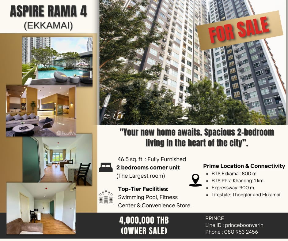 รูป ประกาศขาย!!! Aspire พระราม 4, 2 ห้องนอน ห้องมุม ห้องใหญ่สุดในโครงการ พร้อมเข้าอยู่ได้ทันที!!! - รูปที่ 1/15