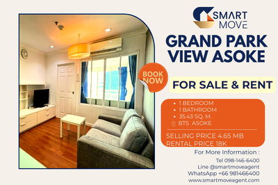 Condos for sale : For Sale  !! Big balcony, There is a bathtub !! 🔥 Code C20230110950..Grand Park View Asoke, 1 bed, 1 bath, high floor 26+, furnished, Special Deal!📣