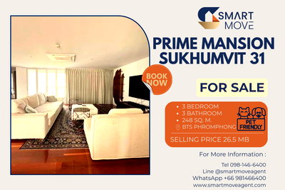 ขายคอนโด : 🔥 สำหรับขาย !! เลี้ยงสัตว์ได้, ทำเลทอง, ห้องไซส์ใหญ่ !! 🔥 Code C20260100056...Prime Mansion Sukhumvit 31, 3 นอน, 3 น้ำ, แต่งครบ, ราคาพิเศษ!!📣📣