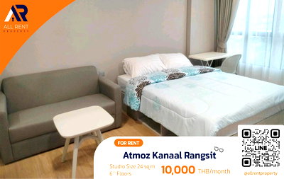 Condos for rent Rangsit Market : Urgent Rental 🔥 Atmoz Kanaal Rangsit | Beautiful Studio with Separate Kitchen | Only 1 km to Rangsit SRT Red Line Station