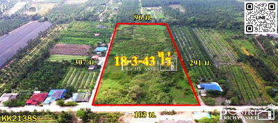 ที่ดิน บ้านแพ้ว สมุทรสาคร : ขายที่ 18 ไร่ ติดถนนเส้นวัดคลองตัน ที่สวยสี่เหลี่ยมสวย หน้ากว้างติดถนนถึง 100 เมตร ด้านหลังติดคลอง บรรยากาศดี - KK2138S