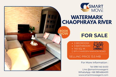 ขายคอนโด : 🔥 สำหรับขาย ! คอนโดหรูริมแม่น้ำ ! เลี้ยงสัตว์ได้, วิวสระ/วิวแม่น้ำ ! Code C20230900721..Watermark Chaophraya River, 3 นอน, 3 น้ำ, แต่งครบ, ราคาพิเศษ!