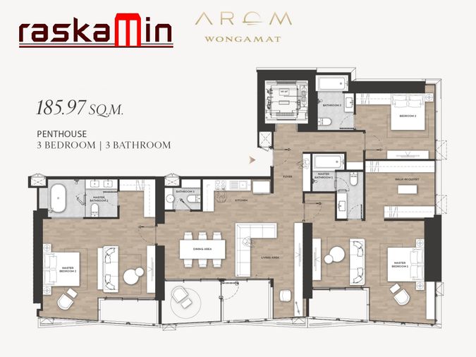 FQ🗺️KT0232📲LineID @556ryccg🏖️3Bedroom 186sqm Floor PH🌊Sea view Furniture Package🦀AROM Wongamat Beach North Pattaya