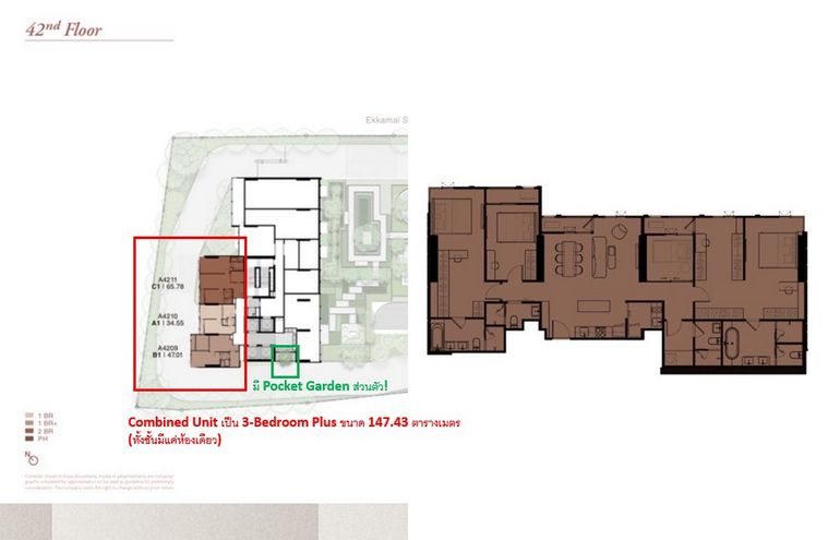 Call : 092-926-2956 Reference Ekkamai 147.43 sq.m 3-Bedroom Plus 4-Bathroom Combined Unit, Only one unit on the entire floor