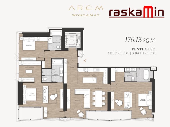 FQ🗺️KT0233📲LineID @556ryccg🏖️3Bedroom 176sqm Floor PH🌊Sea view Furniture Package🦀AROM Wongamat Beach North Pattaya