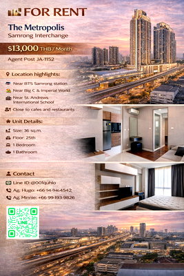 คอนโดให้เช่า : 🌈 ให้เช่า🌆 The Metropolis Samrong Interchange (เดอะ เมโทรโพลิส สำโรง อินเตอร์เชนจ์) 🌆 JA-1152