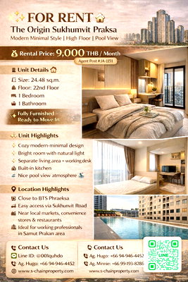 คอนโดให้เช่า : ✨ For Rent 🏨 The Origin Sukhumvit Praksa (ดิ ออริจิ้น สุขุมวิท แพรกษา)  🏨 JA-1151