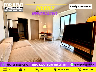 เช่าคอนโด BTS อ่อนนุช : 🌟 ให้เช่าคอนโด 2 ห้องนอน ตกแต่งใหม่ ห้องสวยโปร่ง ใกล้ BTS อ่อนนุช 📍 Ideo Mobi Sukhumvit 81 ทำเลดีมาก ติด BTS อ่อนนุช