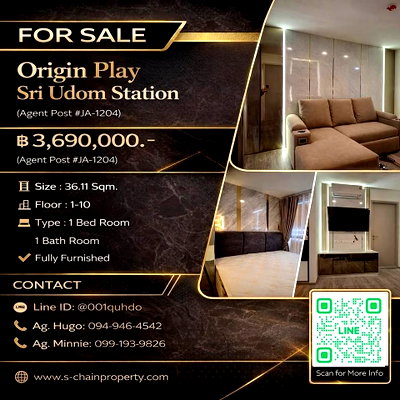 ขายคอนโด : 🎏 For Sale 🏩 Origin Play Sri Udom Station (ออริจิ้น เพลย์ ศรีอุดมสุข สเตชั่น) 🏩JA-1204