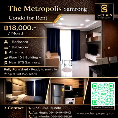 คอนโดให้เช่า : 💥For rent 🏬 The Metropolis Samrong Interchange 🏬 JA-1208