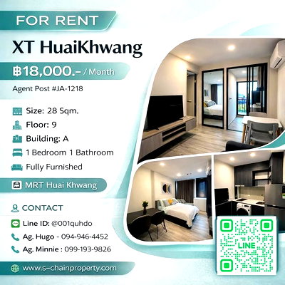 คอนโดให้เช่า : 🎈 For Rent 🏨 XT HuaiKhwang 🏨 JA-1218