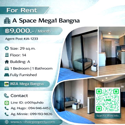 คอนโดให้เช่า : 💥For rent  🏬 A Space Mega1 Bangna ( เอ สเปซ เมกา ) 🏬JA-1233