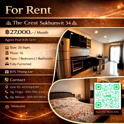 คอนโดให้เช่า : 📣 For Rent 🏢 The Crest Sukhumvit 34 (เดอะ เครสท์ สุขุมวิท 34) 🏢 JA-1231