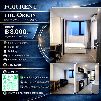 คอนโดให้เช่า : 🐈 Pet Friendly🐈🗼 For Rent 🌁 The Origin Sukhumvit - Praksa (ดิ ออริจิ้น สุขุมวิท - แพรกษา) 🌁 JA-1248