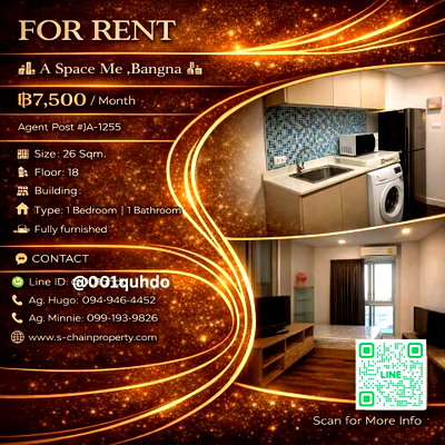 คอนโดให้เช่า : 🌈 For Rent 🌆 A Space Me ,Bangna 🌆 JA-1255