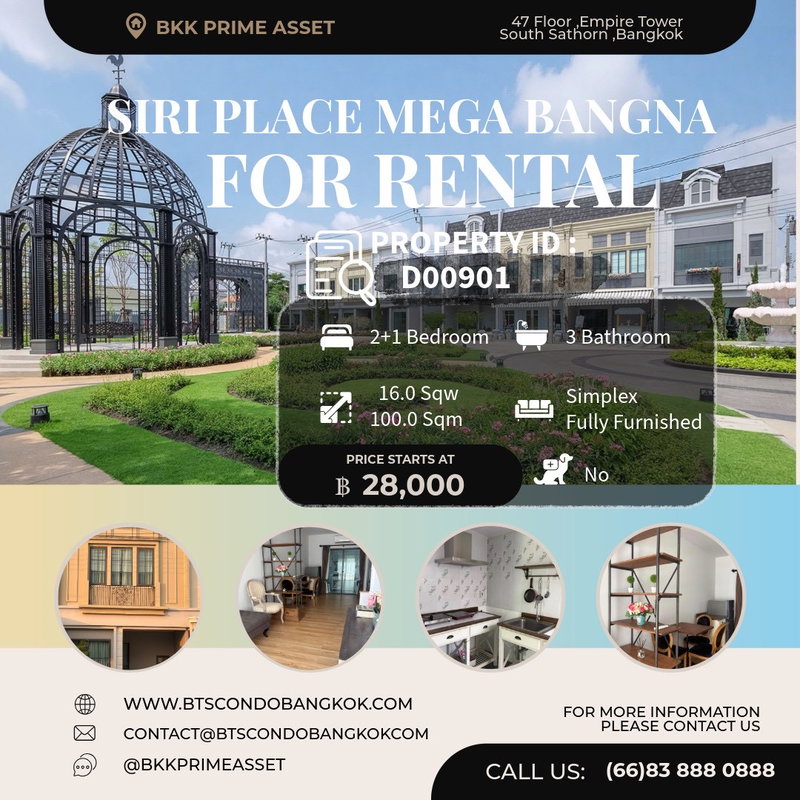Townhouses for rent : 🎈🪿□■ Siri Place Mega Bangna   2+1 BR 3 BH Fully Furnished  with the best price for  Rental ■□
