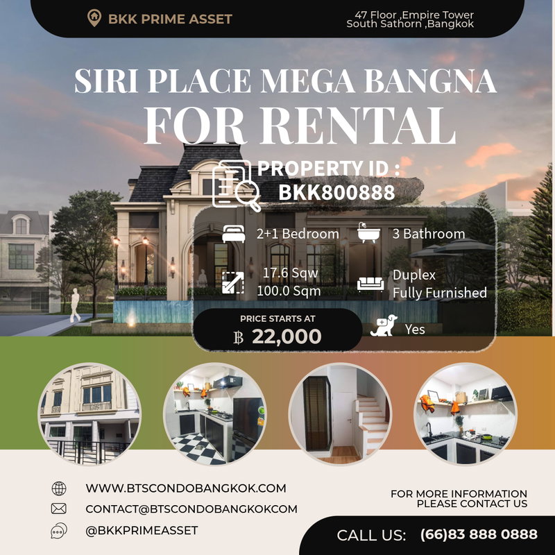 Townhouses for rent : 🎈🪿□■ Siri Place Mega Bangna   3 BR 3 BH Unfurnished / Fully Furnished  with the best price for  Rental ■□