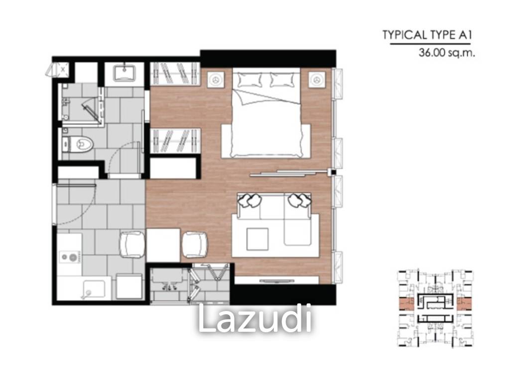 รูป 1 ห้องนอน 1 ห้องน้ำ 36 ตารางเมตร วันไนน์ไฟว์ อโศก-พระราม 9 - รูปที่ 3/3