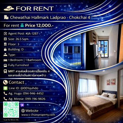 คอนโดให้เช่า : 💥For rent 🏬 Chewathai Hallmark Ladprao - Chokchai 4 (Phase 2) (ชีวาทัย ฮอลล์มาร์ค ลาดพร้าว - โชคชัย 4 (เฟส 2) 🏬 JA-1287