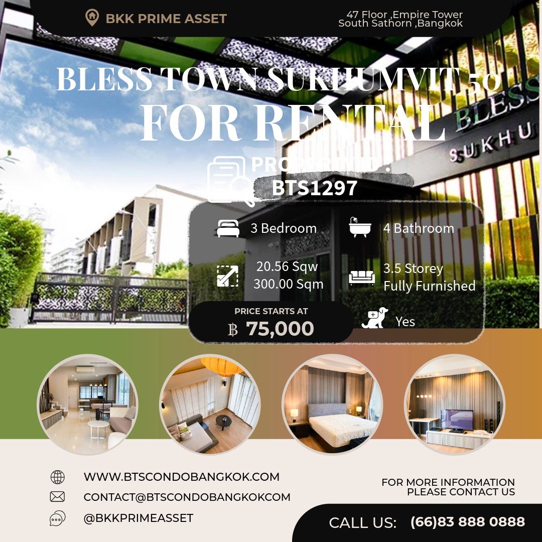 🎈🪿□■ให้เช่าบ้านตัวอย่าง  Bless Town Sukhumvit 50  3 BR 4 BH  20.56 sqw. 300 sqm. Pet Friendly Fully Furnished  with the best price for  Rental ■□