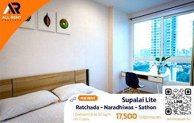 คอนโดให้เช่า : 🔥 Rare Size! 50 ตร.ม.! Supalai Lite Ratchada - Naradhiwas - Sathon ในงบเพียง 17,500 บาท ห้องใหญ่ อยู่สบาย ราคาสุดคุ้ม