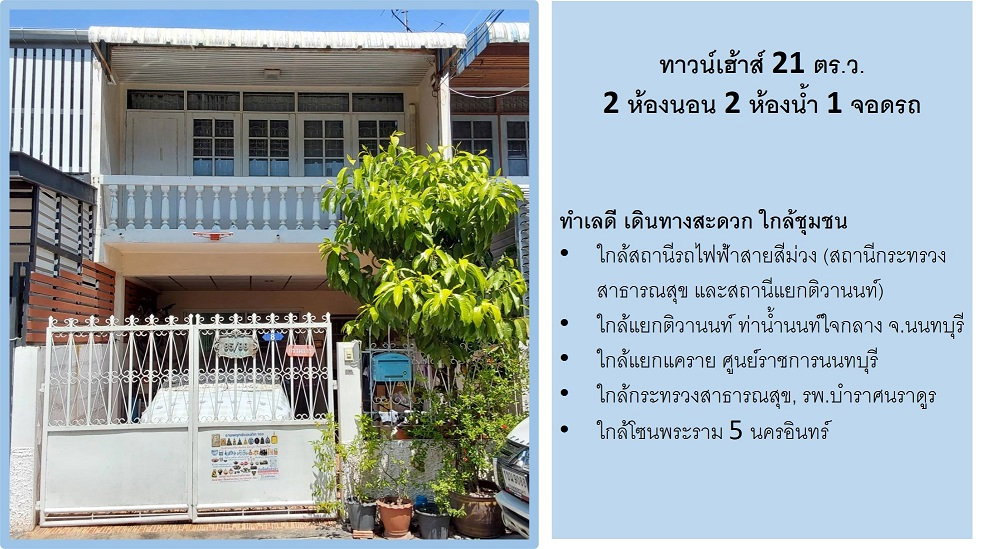 ขายทาวน์เฮ้าส์บนทำเลดีสุดๆเพียง 200 เมตรถึงถนนใหญ่ ใกล้แยกติวานนท์ ใกล้สถานีรถไฟฟ้าสองสาย ใกล้ท่าน้ำนนท์ โรงพยาบาล ร้านอาหาร กระทรวงสาธารณสุข