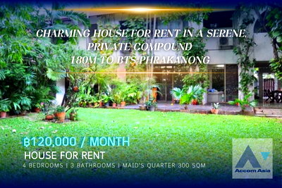 Houses for rent Soi Ekamai (Sukhumvit 63) : 🔼🔽 AccomA 📩  Charming House for Rent in a Serene, Private Compound - Just 180m to BTS Phrakanong (98082)