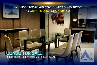 Condos for rent Sukumvit 39 : 🔼🔽 AccomA 📩 Modern dark-toned condo with glass dining at Royal Castle (AA44283)