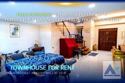 Townhouses for rent : 🔼🔽 AccomA 📩 Fully furnished townhouse in compound for rent, perfect for family near BTS Phrom Phong, Sukhumvit (AA27410)