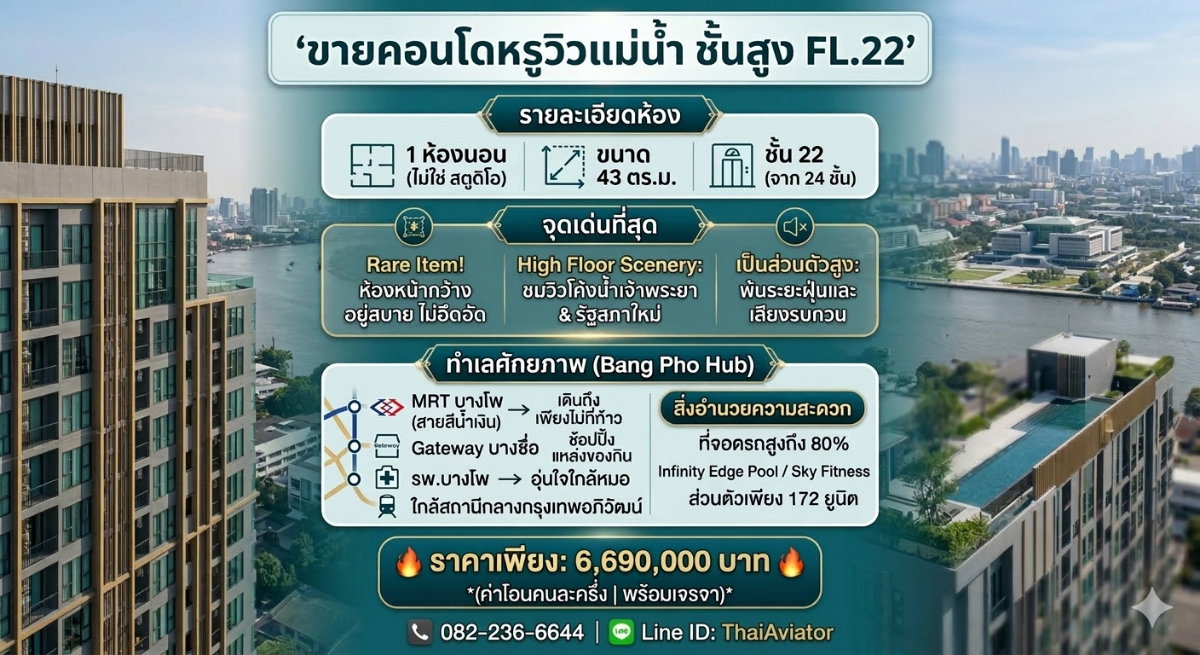 รูป [ขาย] คอนโดหรูวิวแม่น้ำ ชั้นสูง (FL.22) ห้องใหญ่ อยู่สบาย | Chewathai Residence Bang Pho - รูปที่ 61/61