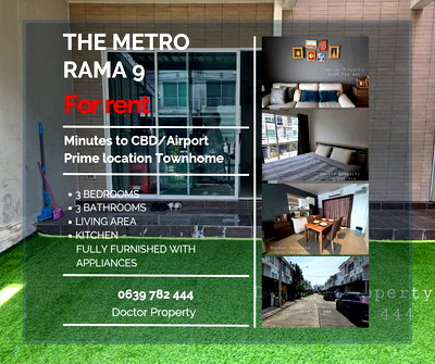 Home office for rent Bangkok : Minutes to CBD & Airport – Prime Location Townhome 3 Storey Town Home for RENT in The Metro Rama9 – 3 bed 3 bath Fully Furnished & Move-in Ready.