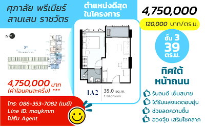 ขายคอนโด : ขาย!! ศุภาลัย พรีเมียร์ สามเสน ราชวัตร 39.0 ตร.ม.ทิศใต้ หน้าโครงการ ฮวงจุ้ยดี รับลม เสริมทรัพย์ 4.45 MB.