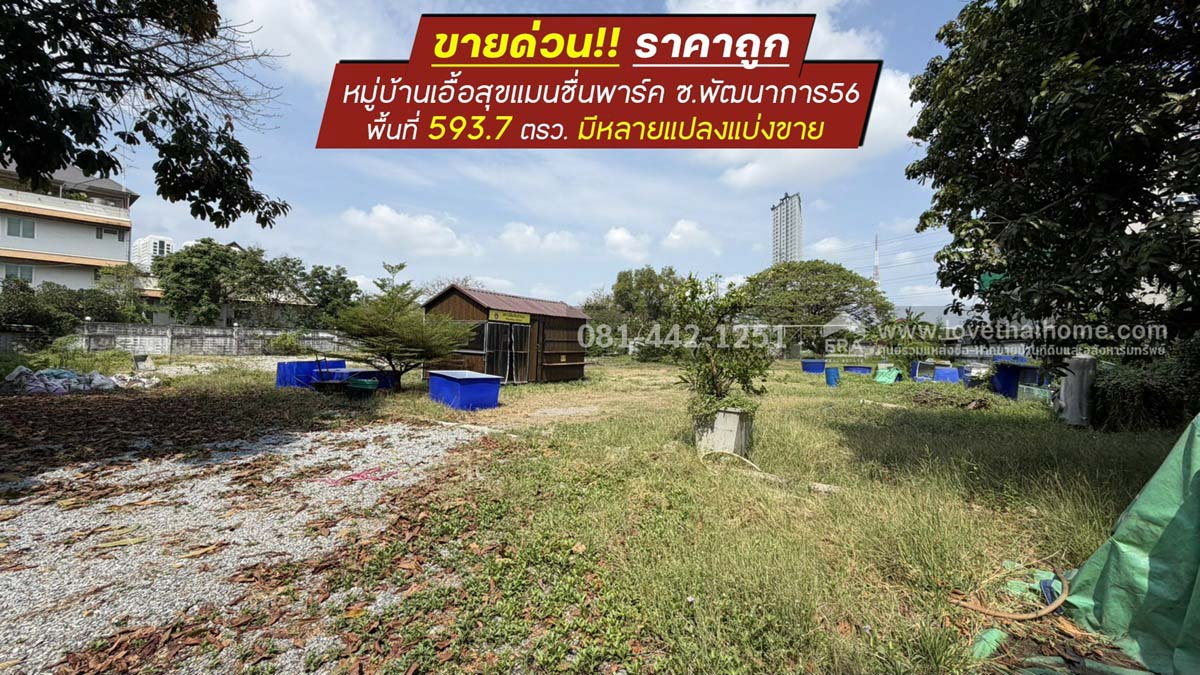 รูป ขายที่ดินถนนพัฒนาการ56 หมู่บ้านเอื้อสุขแมนชื่นพาร์ค พื้นที่ 594 ตรว. ราคาถูก ขายเพียง 120,000 บาท/ตรว. มีหลายแปลงแบ่งขาย อยู่แนวรถไฟฟ้าสายสีเหลือง - รูปที่ 1/9