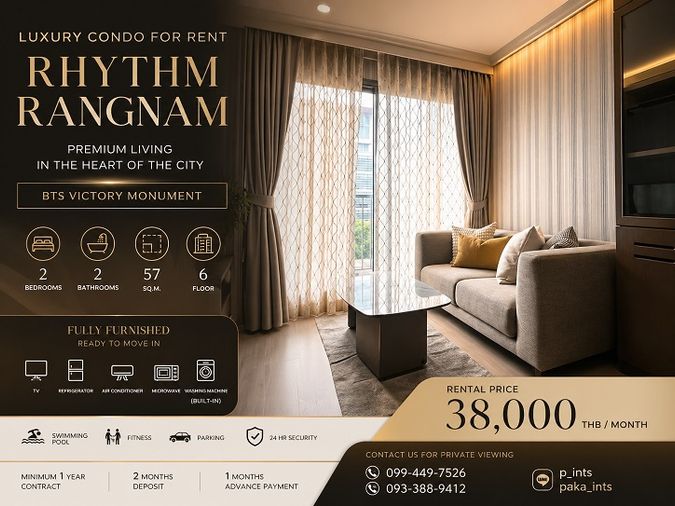 **ให้เช่าคอนโด Rhythm Rangnam (ริทึ่ม รางน้ำ) 2ห้องนอน 2น้ำ ใกล้ BTS อนุสาวรีย์ชัยสมรภูมิ**