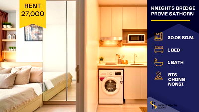 Condos for rent : Knightsbridge Prime Sathorn 🏢 Muji-style room, open view, near BTS Chong Nonsi 🚆 600m. 1Bed ready to move in 27,000 📍