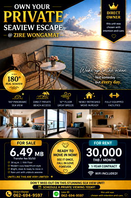 Condos for rent : [Rent By Owner] Zire Wongamat Beachfront Condo Pattaya, Renovated and Fully Furnished with Full Seaview , Ready to move in now