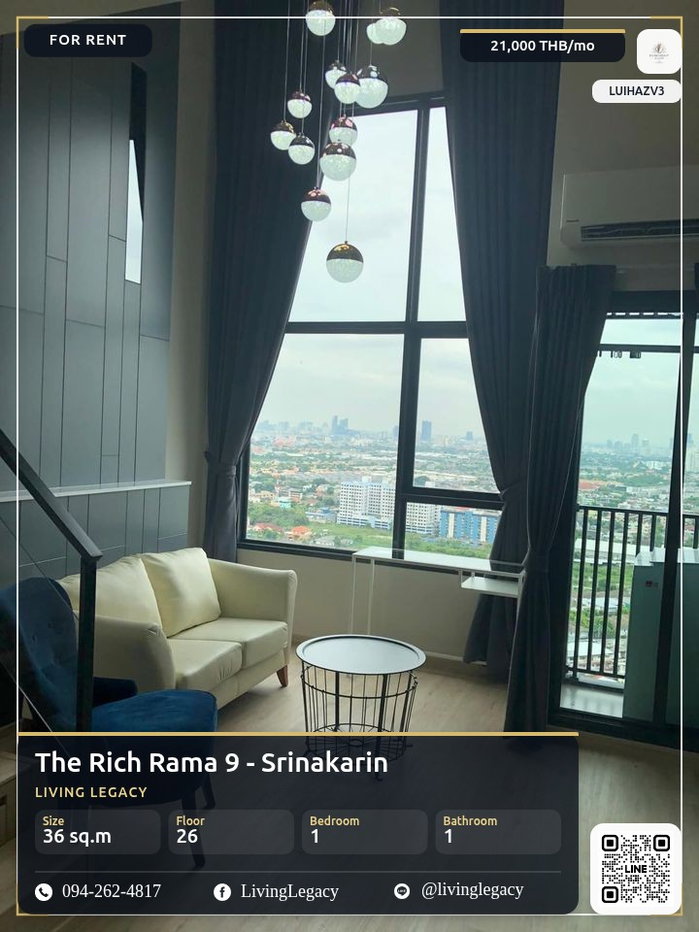 รูป LUIHAZV3 เช่าด่วน คอนโด The Rich Rama 9 - Srinakarin 36 ตร.ม. | ชั้น 26 | 1 ห้องนอน | 1 ห้องน้ำ 21,000 บาท/เดือน line id : @livinglegacy - รูปที่ 1/10