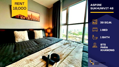 คอนโดให้เช่า : 🔥 Aspire Sukhumvit 48 ห้องรีโนเวทใหม่✨ 1นอน 39ตร.ม. วิวโล่ง ชั้นสูง ใกล้ BTS พระโขนง 500ม. 💸18,000.- พร้อมอยู่ รีบทัก! 🚆