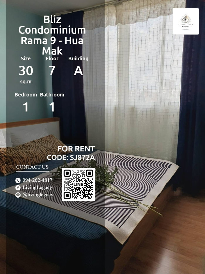 รูป เช่าด่วน! คอนโด Bliz Rama 9-Hua Mak 30 ตร.ม. ชั้น 7 พร้อมเฟอร์นิเจอร์ 9,000 บาท/เดือน - รูปที่ 1/14