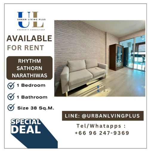( UL2501316 ) Tel/Line 096-2479369 ✨ ให้เช่า ริทึ่ม สาทร-นราธิวาส✨ 1 ห้อนอน 1 ห้องน้ำ ขนาด 38 ตรม. ห้องสวย ราคาดีที่สุดๆ !!!